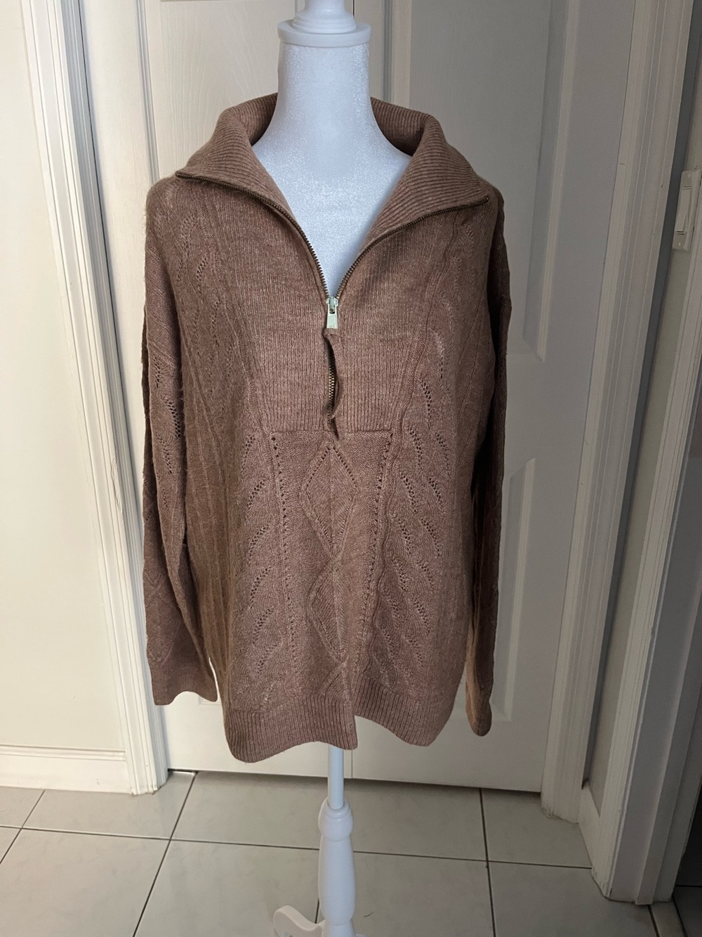 Talbots Taupe Brown Half-Zip Cable Turtleneck Sweater